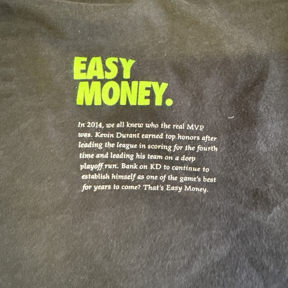 Nike Men's NBA Brooklyn Nets Kevin Durant ROTY ROOKIE Easy Money Black T-Shirt S - Picture 5 of 5